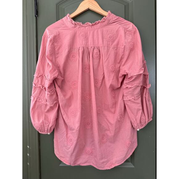 Isabella Sinclair Anthropologie Sunflower Embroidered Blouse Top Pink Medium - Picture 7 of 9